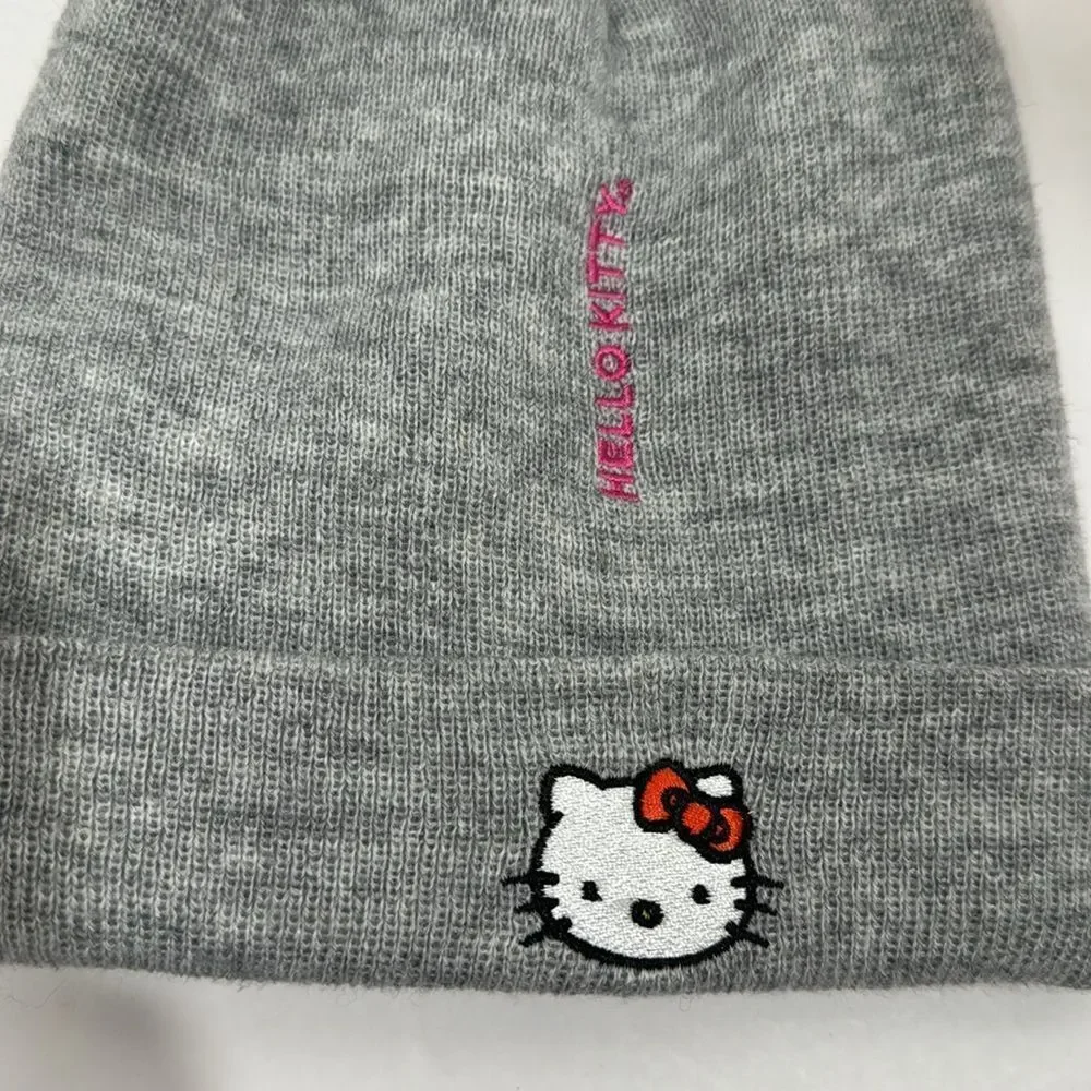 Hello Kitty Sanrio Gray Pink Knit Embroidered Beanie Hat Cap